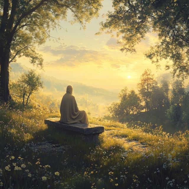 Peaceful scene of contemplation at sunrise